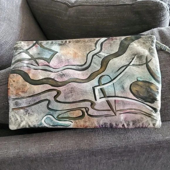 VINTAGE 80S 90s LARGE WRISTLET BAG CONTEMPORARY HAND PAINTED LEATHER BRIT Signed - Picture 6 of 11